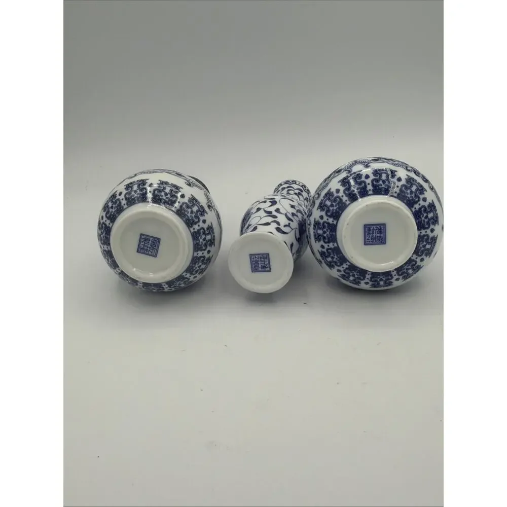 Blue and White Chinoiserie Vases 3pc Set, Mini Decorative Bud Vase Antique Style